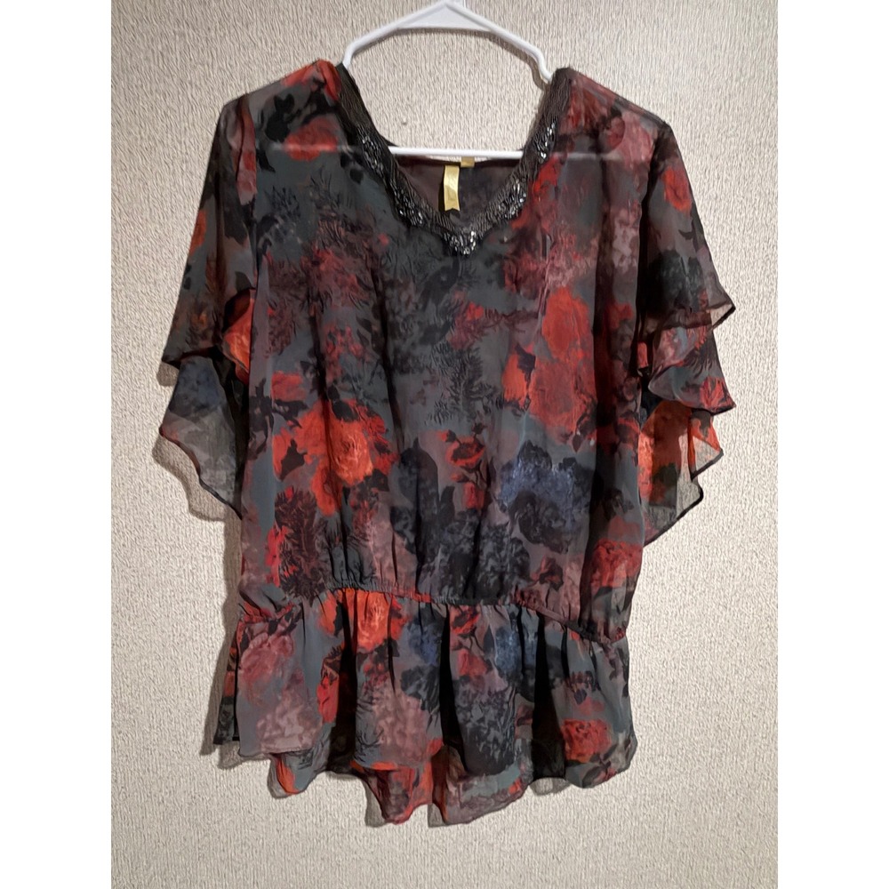 Cherish Women Red Grey Floral Sheer Chiffon Beaded V-Neck Peplum Blouse Large